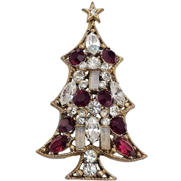 Regency Gold Tone Red Clear Rhinestone Christmas Tree Brooch Signed, J5 - Picture 11 of 11